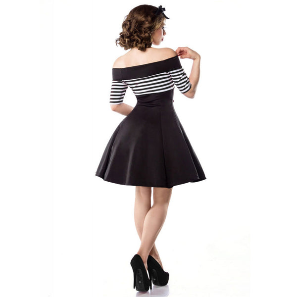 Black and White Nautical Striped Off the Shoulder Swing Dress