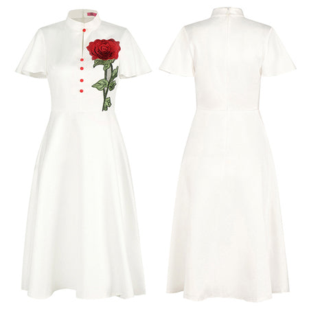 White Flutter Sleeves Dress with Rose Embroidery